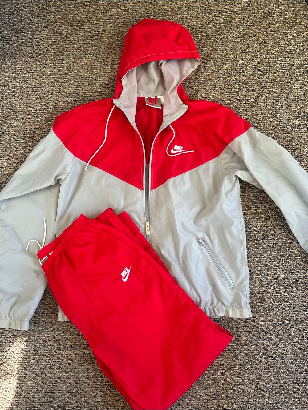 Vintage 90s Nike (grey tag) Red and Light Gray Colorblock Hooded Windbreaker Set
